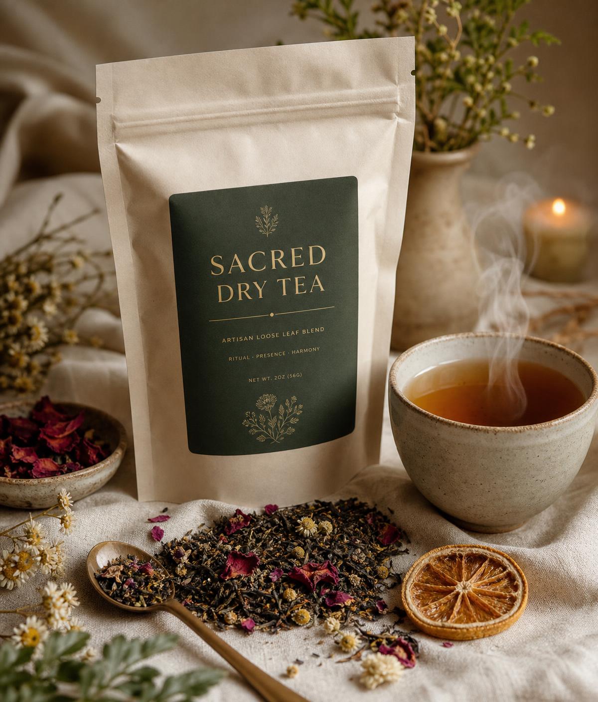 Branded Sacred Dry Tea pouch with loose-leaf blend, rose petals, chamomile and a brewed cup