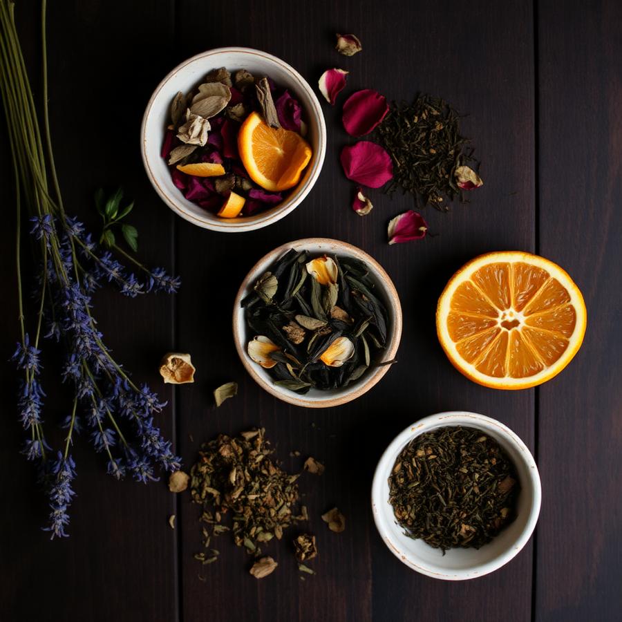 Dried botanicals and loose tea leaves in ceramic bowls
